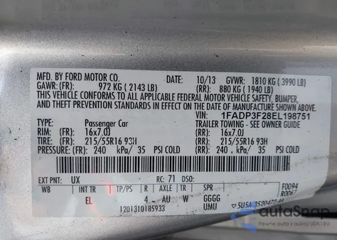 2014 Ford Focus Se z USA, uszkodzony, nr VIN 1FADP3F28EL198751